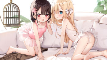 2girls ass bare_shoulders barefoot birdcage blonde_hair blue_eyes blush breasts brown_hair cage couch flower hair_flower hair_ornament highres leotard loli long_hair looking_at_viewer multiple_girls open_mouth original pink_leotard red_eyes short_hair skirt small_breasts smile tutu white_leotard yan_(nicknikg)