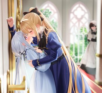 Rule 34 | 3girls, apron, bagel sandica, black bow, blonde hair, blue dress, blurry, blurry background, blush, bow, closed eyes, commentary request, dress, grey hair, hair bow, highres, indoors, juliet sleeves, kiss, krische, light particles, long hair, long sleeves, maid, multiple girls, ponytail, puffy sleeves, purple eyes, selene (shoujo no nozomanu eiyuutan), shoujo no nozomanu eiyuutan, sweat, twintails, very long hair, white apron, yuri