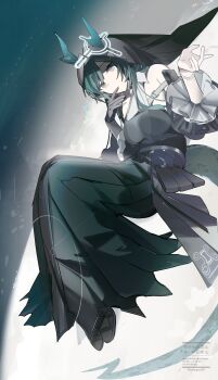 1girl absurdres aonogura arknights arknights:_endfield bead_bracelet beads black_sleeves black_veil bracelet breasts commentary detached_sleeves dress finger_to_mouth floating full_body gloves green_dress green_eyes green_hair grey_gloves highres horn_ornament horns jewelry long_hair looking_at_viewer medium_breasts single_glove solo tail two-tone_background veil watermark white_background xaihi_(arknights)