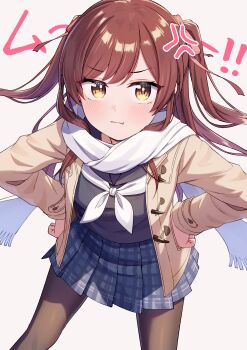 Rule 34 | 1girl, :t, absurdres, anger vein, annoyed, black sailor collar, black shirt, blue skirt, blush, brown coat, brown pantyhose, closed mouth, coat, commentary request, hair ribbon, hands on own hips, highres, idolmaster, idolmaster shiny colors, kurageso, leaning forward, long hair, long sleeves, looking at viewer, neckerchief, official alternate costume, official alternate hairstyle, open clothes, open coat, osaki amana, pantyhose, plaid clothes, plaid skirt, pleated skirt, pout, red hair, ribbon, sailor collar, scarf, school uniform, serafuku, shirt, simple background, skirt, solo, swept bangs, two side up, v-shaped eyebrows, white background, white neckerchief, white scarf, yellow eyes
