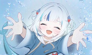1girl blue_background blue_hair blue_hoodie blush bubble closed_eyes commentary english_commentary facing_viewer fins fish_tail gawr_gura gawr_gura_(1st_costume) grey_hair hair_ornament highres hololive hololive_english hood hoodie kani_bonara long_hair long_sleeves multicolored_hair open_mouth outstretched_arms shark_girl shark_hair_ornament shark_tail sharp_teeth smile solo streaked_hair tail teeth two-tone_hair two_side_up upper_body upper_teeth_only virtual_youtuber white_hood