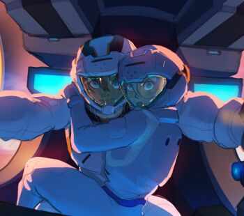 2girls clinging cockpit commentary control_stick english_commentary foreshortening glowing gundam gundam_aerial gundam_suisei_no_majo hair_between_eyes helmet highres interior lovewritteninthestrands mecha mecha_pilot_suit miorine_rembran multiple_girls piloting red_hair robot science_fiction sitting sitting_on_lap sitting_on_person suletta_mercury white_hair