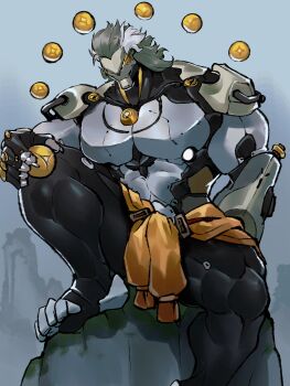 1boy abs absurdres banyue_(zenless_zone_zero) bara biceps clothes_around_waist grey_hair highres looking_at_viewer male_focus muscular muscular_male on_rock orb pectorals robot_boy saury_dog sitting zenless_zone_zero