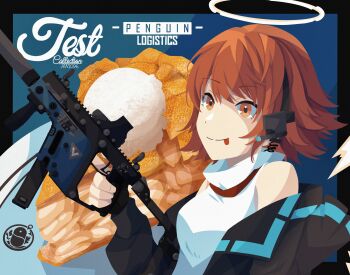 1girl apple_pie arknights black_gloves black_jacket closed_mouth commentary detached_wings energy_wings english_commentary exusiai_(arknights) exusiai_(midnight_delivery)_(arknights) fingerless_gloves food gloves gun halo headset highres holding holding_gun holding_weapon ice_cream jacket kriss_vector official_alternate_costume open_clothes open_jacket orange_eyes orange_hair penguin_logistics_logo pie shirt short_hair smile submachine_gun svenojilasity tongue tongue_out traditional_halo turtleneck turtleneck_shirt upper_body weapon white_shirt wings yellow_halo