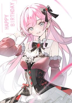 1girl absurdres artist_request bang_dream! bang_dream!_it's_mygo!!!!! bare_shoulders black_corset breasts brooch chihaya_anon chinese_commentary commentary_request commission corset cowboy_shot detached_sleeves earrings frilled_sleeves frills hair_ribbon hand_up happy_birthday highres jewelry long_hair long_sleeves looking_at_viewer medium_breasts neck_ribbon official_alternate_costume pink_hair red_shirt ribbon second-party_source shirt skirt smile solo standing white_background white_ribbon white_skirt