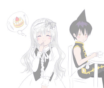 1boy 1girl cake closed_eyes couple food fruit highres iron_maiden_jeanne long_hair looking_at_another ribbon shaman_king smile strawberry tao_ren