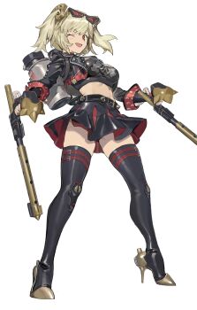 Rule 34 | 1girl, black jacket, black skirt, black tube top, blonde hair, boots, breasts, burnice white, flamethrower, full body, hashibiro kou (garapiko p), highres, holding flamethrower, holding weapon, jacket, legs apart, looking at viewer, medium breasts, one eye closed, open mouth, red-tinted eyewear, simple background, skirt, solo, spiked belt, spiked jacket, standing, strapless, thigh boots, tinted eyewear, tube top, two side up, weapon, white background, zenless zone zero
