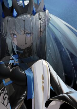 1girl absurdres black_dress black_veil blue_eyes blue_lips braid breasts capelet crown dress fate/grand_order fate_(series) grey_hair half_up_braid highres lipstick long_hair long_sleeves looking_at_viewer makeup morgan_le_fay_(fate) morgan_le_fay_(queen_of_winter)_(fate) multicolored_capelet ornament oyaji_hime ponytail solo two-tone_dress veil veil_lift white_hair wide_sleeves