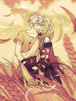 1boy 1girl black_gloves coat couple cyrene_(honkai:_star_rail) cyrene_(philia093)_(honkai:_star_rail) fingerless_gloves friedricegenius gloves hair_ornament hashtag-only_commentary hetero highres holding_hands honkai:_star_rail honkai_(series) kiss official_alternate_costume outdoors phainon_(a_dream_scented_in_wheat)_(honkai:_star_rail) phainon_(honkai:_star_rail) purple_coat shirt short_hair wheat wheat_field white_hair