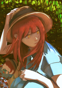 2girls absurdres apple_juice blue_dress chainsaw_man chibi closed_eyes closed_mouth cloudbuster_104 dress drinking drinking_straw hat highres holding holding_juice_box juice juice_box long_hair makima_(chainsaw_man) multiple_girls outdoors red_hair sun_hat yellow_eyes