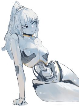 1girl albina_(project_moon) android black_eyes breasts cable_hair commentary facing_viewer gerxest grey_eyes grey_hair heterochromia highres limbus_company long_hair looking_to_the_side ponytail project_moon simple_background solo white_background