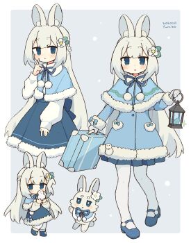 1girl animal animal_ear_fluff animal_ears artist_name blue_capelet blue_coat blue_eyes blue_ribbon blue_shoes blue_skirt blush border capelet closed_mouth coat commentary dated dot_nose double-parted_bangs flower full_body fumiko_(rubra_plumeria) fur-trimmed_capelet fur-trimmed_coat fur-trimmed_sleeves fur_trim grey_background hair_flower hair_ornament hand_up highres holdig_suitcase holding holding_lantern index_finger_raised lantern long_hair long_sleeves looking_at_viewer mary_janes multiple_views neck_ribbon open_mouth original outside_border pantyhose pleated_skirt pom_pom_(clothes) rabbit rabbit_ears rabbit_girl ribbon shoes sidelocks skirt snowing standing white_border white_flower white_hair white_pantyhose