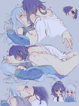... 2girls ^^^ absurdres arched_back asahina_mafuyu bad_id bad_pixiv_id bare_shoulders bed_sheet black_shirt blue_eyes blue_hair blue_jacket blush bottomless breasts cardigan cardigan_partially_removed chibi chopsticks_(user_ufpe4828) close-up clothes_lift commentary_request cropped_legs cropped_torso disembodied_hand double-parted_bangs face-to-face facing_another facing_up fingering grey_background grey_shirt hair_between_eyes hair_down hair_ornament hair_scrunchie hair_spread_out half-closed_eyes hand_up head_steam heart high_ponytail highres jacket jacket_partially_removed jitome leaning_on_person licking licking_another's_neck long_hair long_sleeves looking_at_another lying motion_lines multiple_girls multiple_views nipples no_eyes no_mouth nose_blush on_back open_cardigan open_clothes open_jacket parted_lips partially_undressed ponytail profile project_sekai purple_eyes purple_hair saliva_on_breasts scrunchie shirt shirt_lift shoulder_blush side-by-side sidelocks simple_background sketch sleeves_past_wrists small_breasts spoken_ellipsis striped_clothes striped_jacket sweat tearing_up tongue tongue_out trembling white_cardigan yoisaki_kanade yuri