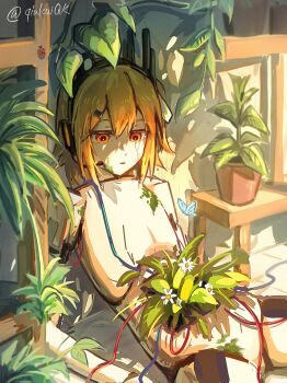Rule 34 | 1girl, a.i. voice, adachi rei, android, bug, butterfly, cable, closed mouth, commentary request, hair ribbon, headset, highres, insect, joints, moss, nude, one side up, orange eyes, orange hair, overgrown, plant, potted plant, qiukui, ribbon, robot, robot joints, sitting, solo, twitter username, utau