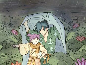 Rule 34 | 1boy, 1girl, bandaged arm, bandages, blanket, blue hair, commentary, commentary request, dororo (character), dororo (tezuka), dororo to hyakkimaru den, english commentary, flower, hand on own hip, highres, holding, holding blanket, hyakkimaru (dororo), japanese clothes, lotus, open mouth, orange eyes, pointing, pointing to the side, purple flower, purple hair, rain, red flower, yummmy