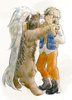 1boy :3 arven_(pokemon) blonde_hair blue_vest brown_fur brown_hair closed_eyes commentary_request dog full_body highres holding holding_paw holding_pokemon licking licking_another's_cheek licking_another's_face mabosstiff male_focus multicolored_hair naranja_academy_school_uniform necktie nintendo open_clothes open_vest orange_necktie orange_pants pants pokemon pokemon_(creature) pokemon_sv rearing school_uniform smile tnk_free_(onenneshitero) tongue tongue_out two-tone_hair vest white_background white_fur