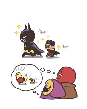 2boys 2girls animification baby_animal batgirl_costume_(2021_cassandra) batman_(series) belt bird black_cape cape cassandra_cain chibi chibi_only child cowl damian_wayne dc_comics duck duckling following gozerdor imitating multiple_boys multiple_girls red_hood_(dc) robin_(dc) simple_background sparkle speech_bubble spoiler_(dc) stephanie_brown superhero_costume thought_bubble utility_belt watching white_background yellow_belt