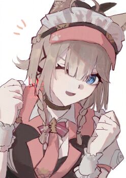 1girl ;d absurdres ahoge animal_ear_fluff animal_ears black_choker black_ribbon black_vest blue_eyes braid brown_hair choker clenched_hands commentary_request hair_between_eyes hair_over_shoulder hair_ribbon hands_up highres honkai_(series) honkai_impact_3rd looking_at_viewer notice_lines nzg_09 official_alternate_costume one_eye_closed open_mouth pardofelis pardofelis_(meowtose_macchiato) puffy_short_sleeves puffy_sleeves ribbon shirt short_sleeves simple_background smile solo twin_braids upper_body vest visor_cap watermark white_background white_shirt wrist_cuffs