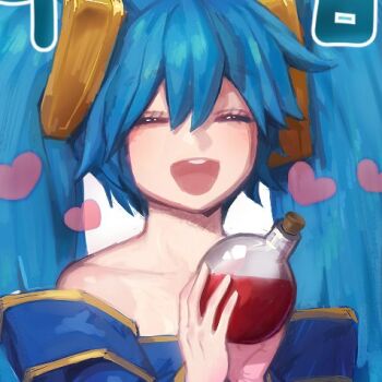 1girl :d bare_shoulders blue_hair bottle collarbone dress facing_viewer hair_between_eyes hair_ornament happy heart holding holding_bottle league_of_legends lowres off-shoulder_dress off_shoulder open_mouth potion sangchyuya shiny_skin smile solo sona_(league_of_legends) teeth twintails upper_teeth_only