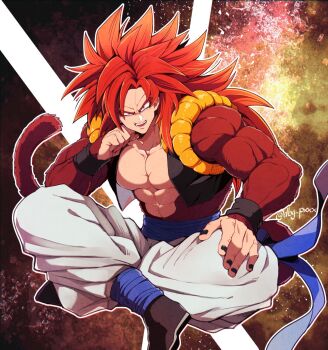 Rule 34 | 1boy, bb m0024, black nails, blue eyes, commentary request, dragon ball, dragon ball gt, gogeta, grin, hand on own cheek, hand on own face, hand on own knee, highres, indian style, long hair, looking at viewer, male focus, metamoran vest, monkey boy, monkey tail, muscular, muscular male, open mouth, pants, pectorals, red fur, red hair, sitting, smile, solo, spiked hair, super saiyan, super saiyan 4, tail, twitter username, white pants