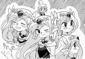 Rule 34 | 2girls, :3, ;), artist name, blush, closed eyes, commentary request, dress, greyscale, grin, highres, jewelry, long hair, monochrome, multiple girls, necklace, nintendo, one eye closed, pointy ears, princess zelda, smile, tetra, the legend of zelda, the legend of zelda: the wind waker, tiara, tokuura, toon zelda, triforce, twitter username