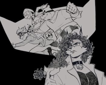 1girl 3boys angry animal_ears bentley_(sly_cooper) carmelita_fox choker coat commentary english_commentary fox_ears fox_girl furry furry_female furry_male greyscale grin hat highres hippopotamus_boy hippopotamus_ears katiewilliams looking_at_another looking_to_the_side masked monochrome multiple_boys murray_(sly_cooper) one_eye_closed raccoon_boy raccoon_ears raccoon_tail scarf shirt sly_cooper sly_cooper_(series) smile tail turtle_boy wavy_hair weapon weapon_on_back wheelchair