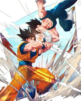 2boys battle black_eyes black_hair blue_bodysuit blue_boots blue_sash blue_shirt blue_wrist_cuffs bodysuit boots dougi dragon_ball dragonball_z gloves highres male_focus medium_hair midair multiple_boys ommmyoh orange_pants orange_shirt pants sash shirt son_goku spiked_hair vegeta white_boots white_gloves wrist_cuffs