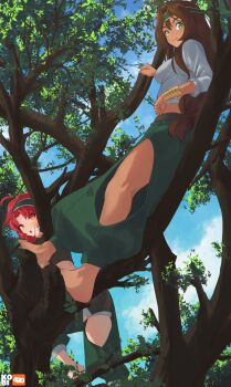 2girls barefoot breasts brown_hair clothing_cutout commentary day green_eyes green_headband green_pants headband highres in_tree kobi420 leg_cutout long_hair looking_at_viewer medium_breasts multiple_girls original outdoors pants red_hair shirt smile tree white_shirt