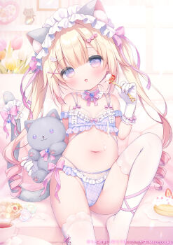 1girl animal_ear_fluff animal_ears blonde_hair blue_bra blue_panties blush bra breasts cake cake_slice cat_ears cat_girl cat_tail commentary_request cup food fork frilled_bra frilled_panties frills gloves groin hair_ornament holding holding_fork holding_stuffed_toy knee_up lingerie long_hair looking_at_viewer melonbooks navel open_mouth original panties plaid_bra plaid_clothes plaid_panties purple_eyes sitting small_breasts solo stuffed_animal stuffed_cat stuffed_toy tail teacup thighhighs twintails underwear usashiro_mani white_gloves white_thighhighs x_hair_ornament