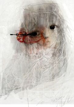 Rule 34 | 1girl, abstract, absurdres, black eyes, blood, disembodied mouth, double exposure, facing viewer, gums, highres, original, seyooe, sideways glance, solo, teeth, upper body, veins