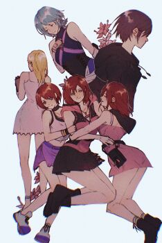 6+girls aqua_(kingdom_hearts) black_boots black_coat_(kingdom_hearts) black_hair blonde_hair blue_hair boots breasts brown_hair camisole commentary dress english_commentary flower highres hood hooded_vest hoodie kairi_(kingdom_hearts) kingdom_hearts kingdom_hearts_i kingdom_hearts_ii kingdom_hearts_iii medium_breasts medium_hair miniskirt multiple_girls multiple_persona namine pink_dress pink_vest pleated_skirt sera_(serappi) shoes short_dress short_hair skirt vest white_camisole white_dress xion_(kingdom_hearts)