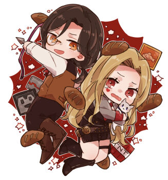 Rule 34 | 1boy, 1girl, animal, belt, black footwear, black hair, black pants, black skirt, blonde hair, bow (weapon), bread, brown footwear, cat, curtained hair, explosive, facial tattoo, food, full body, grey shirt, heart, heart tattoo, highres, holding, holding animal, loaf of bread, long hair, low ponytail, luis cammy, luis cammy (2nd costume), monocle, necktie, nijisanji, orange eyes, pants, ponytail, pouch, red eyes, red necktie, shellin burgundy, shellin burgundy (1st costume), shirt, skirt, smile, tattoo, tearing up, thigh pouch, thigh strap, tnt, tnt block (minecraft), virtual youtuber, weapon, white shirt, yuki (yu kix8)