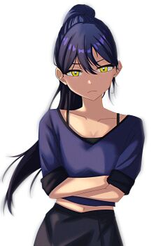 1girl absurdres blue_hair blue_shirt crossed_arms gundam gundam_gquuuuuux highres long_hair looking_at_viewer midriff navel nyaan_(gundam_gquuuuuux) ponytail saohahu shirt simple_background skirt solo strap yellow_eyes