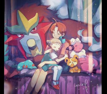 2girls ahoge blouse blue_dress blue_ribbon blue_skirt blurry brown_hair closed_eyes delia_ketchum depth_of_field dress entei flaaffy gen_2_pokemon hair_ribbon hanenbo highres holding_person hug legendary_pokemon light_beam light_particles long_hair looking_at_another mary_janes molly_hale multiple_girls nintendo phanpy pink_shirt pokemon pokemon_(anime) pokemon_(classic_anime) pokemon_(creature) pokemon_3:_the_movie_-_spell_of_the_unown:_entei ponytail red_footwear ribbon shirt shoes short_hair signature sitting sitting_on_lap sitting_on_person skirt sleeping teddiursa thighhighs white_legwear white_shirt