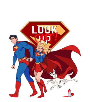Rule 34 | 1boy, 1girl, black hair, blonde hair, blue bodysuit, blue eyes, blue shirt, bodysuit, boots, cape, dc comics, dog, highres, janepicaart, krypto the superdog, long hair, looking at viewer, male underwear, middle finger, red boots, red cape, red male underwear, red skirt, shirt, short hair, signature, simple background, skirt, spray paint, supergirl, superman, superman (series), superman logo, underwear, white background, white dog
