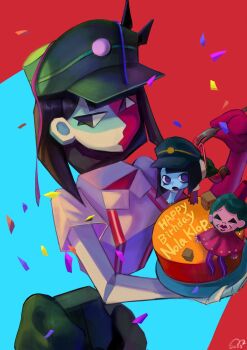 3girls black_hair blue_skin blunt_bangs blunt_ends bob_cut cake colored_skin commentary confetti ena:_dream_bbq ena_(dream_bbq) ena_(series) ena_(species) english_commentary food fork green_hat hangover_ena hat highres holding holding_fork linda_(ena) meanie_ena mini_person minigirl multicolored_skin multiple_girls old old_woman open_mouth red_skin shirt short_sleeves two-tone_skin usagimarumei voice_actor_connection