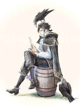 1boy barrel bird black_capelet black_hair black_pants black_shoes book capelet commentary_request crow cyrus_albright full_body highres holding holding_book holding_quill male_focus octopath_traveler octopath_traveler_i pants qqqqqli quill shoes simple_background sitting solo white_background