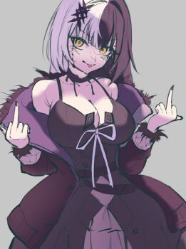 1girl black_choker black_dress black_hair black_nails breasts choker cleavage coat double_middle_finger dress fur-trimmed_coat fur_trim grey_background grey_hair hololive hololive_english large_breasts long_hair mekillus middle_finger multicolored_hair purple_coat ribbon shiori_novella shiori_novella_(1st_costume) slime_(substance) solo split-color_hair tongue tongue_out two-tone_hair unfinished virtual_youtuber white_ribbon yellow_eyes
