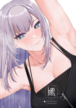 Rule 34 | 1girl, aqua eyes, arm up, armpits, black shirt, breasts, bright pupils, cleavage, closed mouth, commentary, english commentary, grey hair, highres, hololive, hololive indonesia, landacdeus, large breasts, long hair, looking at viewer, pavolia reine, shirt, simple background, sleeveless, sleeveless shirt, smile, solo, sweat, upper body, virtual youtuber, white background, white pupils
