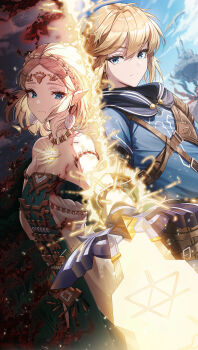 1boy 1girl absurdres bead_necklace beads blonde_hair blue_eyes blue_tunic braid circlet closed_mouth commentary_request crown_braid dress earrings floating_castle floating_earrings green_eyes hair_between_eyes hand_on_own_chest highres holding holding_sword holding_weapon hyrule_castle jewelry k0a link looking_at_viewer master_sword necklace nintendo official_alternate_costume parted_bangs pointing_melee_weapon pointy_ears princess_zelda short_hair sky split_screen strapless strapless_dress sword the_legend_of_zelda the_legend_of_zelda:_tears_of_the_kingdom tunic weapon white_dress