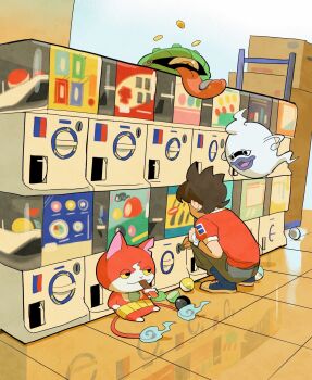 Rule 34 | 1boy, amano keita, blue fire, boots, brown hair, candy, cgr9z, chocolate, chocolate bar, fire, flame-tipped tail, food, gashapon, ghost, grey pants, highres, hitodama, indoors, jibanyan, mudazukai, multiple tails, pants, red shirt, reflective floor, shirt, short hair, short sleeves, squatting, tail, tile floor, tiles, two tails, whisper (youkai watch), youkai (youkai watch), youkai watch