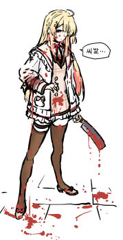 1girl ahoge bleeding blonde_hair blood blood_drip blood_on_clothes blood_on_face bloody_weapon brown_dress brown_thighhighs commentary_request dress full_body glaring half-closed_eyes hand_up henriiku_(ahemaru) high_heels highres holding_machete hololive hololive_dev_is injury jacket korean_text long_hair looking_at_viewer nata_(tool) neck_ribbon open_clothes open_jacket otonose_kanade otonose_kanade_(1st_costume) red_eyes red_ribbon ribbon short_dress simple_background solo speech_bubble standing thigh_strap thighhighs torn_clothes translation_request virtual_youtuber weapon white_background white_jacket
