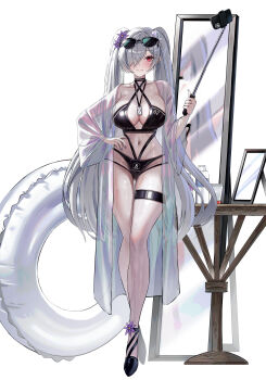 1girl absurdres bikini black_bikini black_choker black_shoes breasts cellphone choker cinderella_(nikke) cleavage closed_mouth commentary_request criss-cross_halter elker eyewear_on_head flower full-length_mirror full_body gluteal_fold goddess_of_victory:_nikke hair_flower hair_ornament hair_over_one_eye halterneck hand_on_own_hip highres holding innertube jewelry large_breasts long_hair long_sleeves looking_at_viewer mirror navel one_eye_covered open_clothes pendant phone purple_flower purple_nails red_eyes reflection selfie_stick shoes smartphone smile solo standing swim_ring swimsuit table thigh_gap thigh_strap very_long_hair white_hair