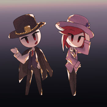 Rule 34 | 1boy, 1girl, :d, arm across waist, arm up, backlighting, bald, black background, black eyes, black hat, black jacket, black necktie, black pants, black shoes, chibi, chibi only, closed mouth, collared shirt, colored skin, commentary, cross-eyed, ellie rose, english commentary, eyes visible through hair, film grain, flower, full body, gold necklace, gradient background, gradient eyes, grey background, hand in pocket, hand on own opposite hip, hand up, hat, hat flower, henry stickmin, henry stickmin (series), highres, jacket, jacket on shoulders, jewelry, jiume (a89959341), lapels, legs apart, legs together, long sleeves, medium hair, multicolored eyes, necklace, necktie, no nose, notched lapels, official alternate costume, open clothes, open jacket, open mouth, pants, pink hat, pink jacket, purple background, purple flower, purple rose, purple vest, red eyes, red hair, red necktie, rose, shirt, shoes, side-by-side, sidelocks, simple background, smile, standing, straight-on, swept bangs, top hat, two-tone eyes, vest, white shirt, white skin