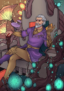 1boy beard black_sclera brown_shirt brown_shoes cane cheese colored_sclera commentary crossed_legs dress_shirt facial_hair food giant_mushroom glowing_mushroom hair_slicked_back jacket light_particles looking_at_viewer mage_staff male_focus mushroom mustache ornate_clothes pants pantyhose plant_roots purple_jacket relmina-7 sheogorath shirt shoes sitting_on_throne slit_pupils solo staff the_elder_scrolls the_elder_scrolls_iv:_oblivion throne white_hair yellow_eyes yellow_pants yellow_shirt