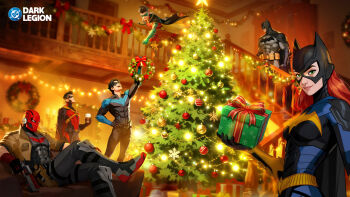 barbara_gordon bat_signal batgirl batman batman_(series) batman_symbol belt black_bodysuit black_gloves bodysuit box brown_jacket bruce_wayne christmas christmas_lights christmas_ornaments christmas_present christmas_tree christmas_wreath commentary cowl damian_wayne dc:_dark_legion dc_comics dick_grayson domino_mask english_commentary eye_mask full_body gift gift_box gloves grey_bodysuit highres jacket jason_todd male_focus mask multicolored_bodysuit muscular muscular_male nightwing official_art open_clothes pants pectorals red_hood_(dc) red_mask red_robin robin_(dc) short_hair superhero_costume taut_bodysuit tim_drake two-tone_bodysuit utility_belt wreath