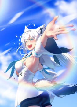 1girl :d absurdres ahoge animal_ear_piercing animal_ears aqua_eyes armpits black_ribbon black_shorts blue_neckerchief breasts cloud commentary day detached_sleeves double-parted_bangs fox_ears fox_girl fox_tail gotointhepark hair_between_eyes hair_ribbon highres hololive hood hooded_vest hoodie long_hair looking_at_viewer low_ponytail medium_breasts neckerchief open_mouth outdoors outstretched_arms ponytail ribbon shirakami_fubuki shirakami_fubuki_(1st_costume) short_shorts shorts sideboob sky smile solo tail vest virtual_youtuber white_hair white_sleeves wide_sleeves