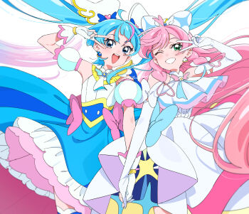 Rule 34 | 2girls, :d, ahoge, ascot, asymmetrical bangs, blue bow, blue dress, blue eyes, blue hair, blurry, blush, bow, braid, brooch, cape, center frills, commentary request, cowboy shot, cure prism, cure sky, cut bangs, depth of field, detached sleeves, dot nose, dress, dress bow, earrings, elbow gloves, fingerless gloves, frilled dress, frills, glove bow, gloves, gradient hair, green eyes, grin, hair bow, hair ornament, halter dress, halterneck, hand up, heart, heart ahoge, highres, hirogaru sky! precure, holding hands, jewelry, layered dress, long hair, looking at viewer, magical girl, multicolored dress, multicolored hair, multiple girls, nijigaoka mashiro, one eye closed, open mouth, pink bow, pink cape, pink hair, precure, puffy detached sleeves, puffy sleeves, shirako love, side-by-side, simple background, single bare shoulder, single earring, single hair streak, single sidelock, sleeveless, sleeveless dress, smile, sora harewataru, sphere earrings, streaked hair, swept bangs, teeth, thighhighs, twin braids, twintails, twitter username, upper teeth only, v, v over eye, very long hair, white ascot, white background, white bow, white dress, white gloves, wing brooch, wing hair ornament