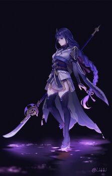 1girl absurdres armor blunt_bangs braid bridal_gauntlets commentary_request electricity engulfing_lightning_(genshin_impact) full_body genshin_impact glowing gradient_hair hair_ornament hair_ribbon highres holding holding_polearm holding_weapon i_ishiki japanese_clothes kimono lingerie long_braid multicolored_hair neck_ribbon off_shoulder polearm purple_background purple_eyes purple_hair purple_kimono purple_thighhighs raiden_shogun red_ribbon red_sash ribbon sash shoulder_armor single_braid solo standing thighhighs twitter_username underwear weapon