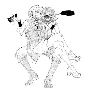 2girls amoris_(bang_dream!) arm_around_neck bang_dream! bang_dream!_it&#039;s_mygo!!!!! boots commentary greyscale highres holding holding_mask knee_boots long_hair mask monochrome mouth_mask multiple_girls smile sssakanaaa thighhighs timoris_(bang_dream!) vest yahata_umiri yuri yuutenji_nyamu